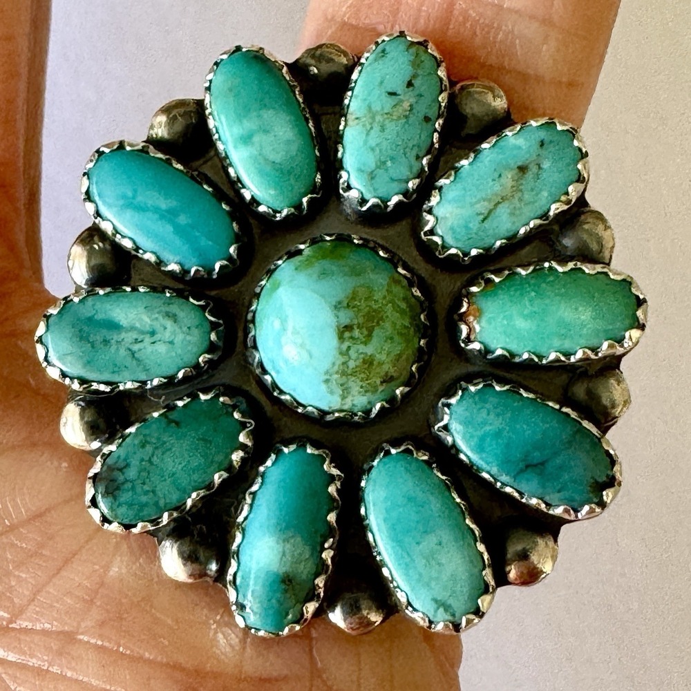 Navajo Turquoise Cluster Ring Sz 6 Sterling Signed ML Perry Native American